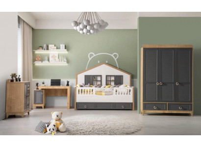 luxuriéis komplett Kannerschéiermiwwel Bett Holz Set 4-teileg Kannerzëmmer Gro