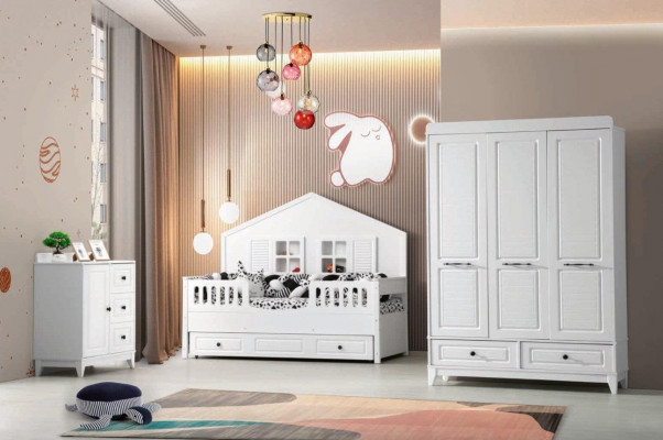 Stilvoll Komplett Jugendzëmmer Luxus Kannerzëmmer Set 3-teileg Wäiss Faarf