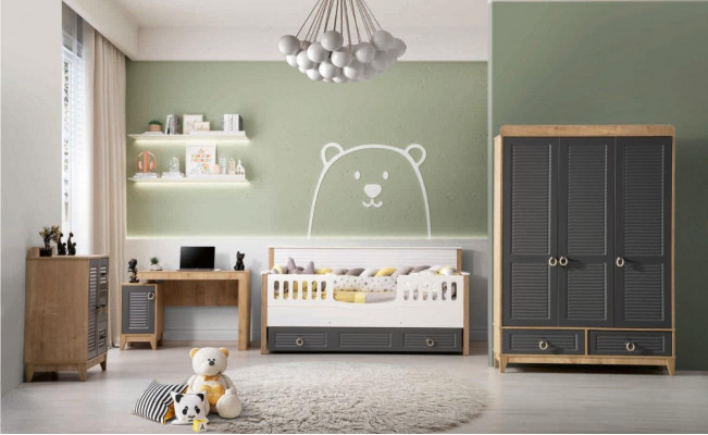Luxuriéis Kanner Miwwel Garnitur Kannerzëmmer Kannerbett Gro Holz Set 4tlg