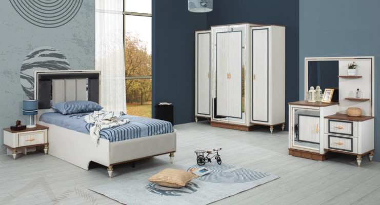 Set vu Kannerszëmmer: Bett, Kannerbett, Kannermeubel Set aus 5 Deeler a wäissem Holz.