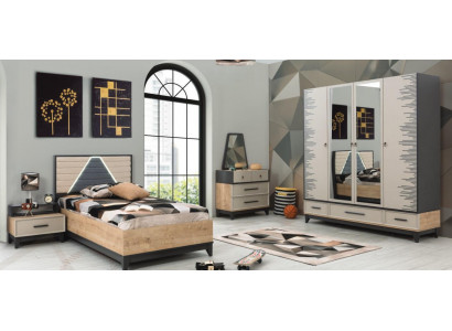 Garnitur Kannerzëmmer Bett Kannerbett brong Holz Sets Jugendbett 5-deelech