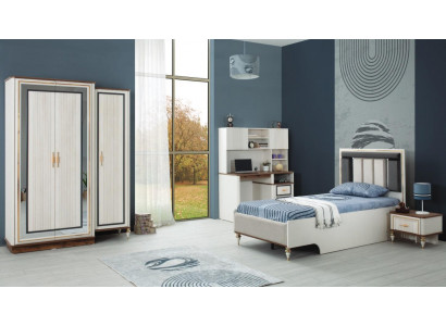 Kandeméiwel Kannerzëmmer Bett Kannerbett Wäiss Holz Set 4stéck Dëscher