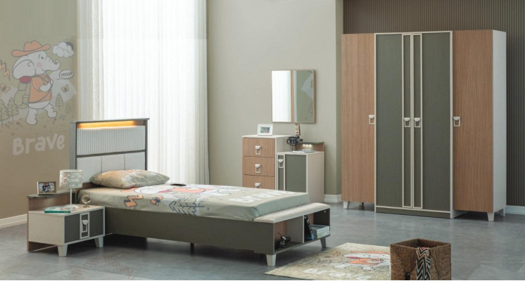 Modernt Komplett Kannerzëmmer Miwwelen Kannerbett Gro Holz Set 5 Stéck Nuechttesch.