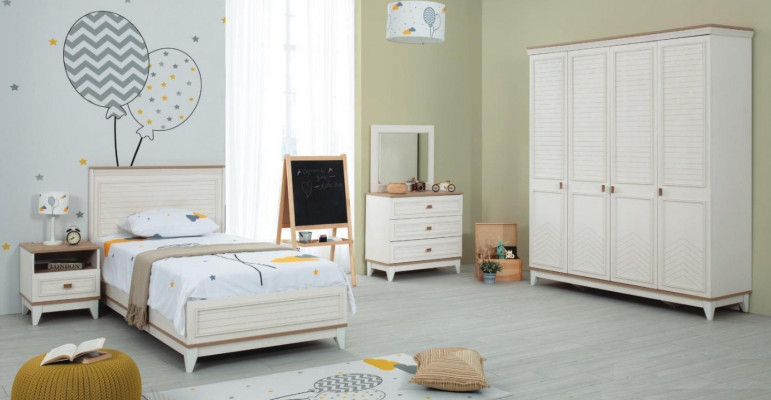 Ensemble Kannerzëmmer Bett Kannerbett Kannermiwwele Wäiss Holz Set 5 Stécker