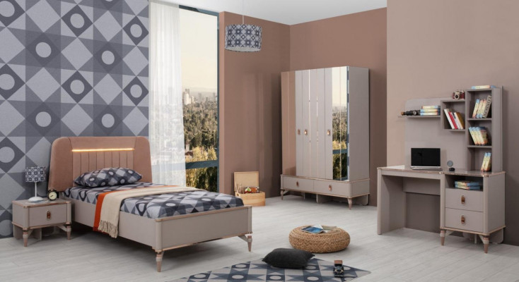 Kanner Miwwelen Meedchen Kannerzëmmer Bett Kannerbett Beige Holz Set 4 Stéck