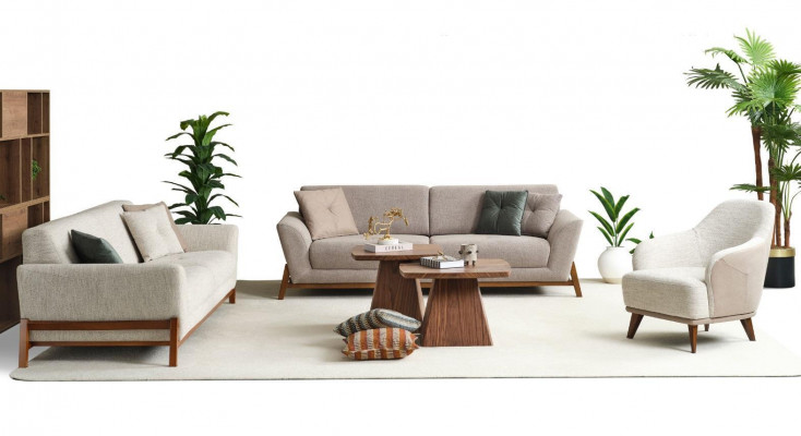Gruppe Canapé Dräi-Sëtzer Fauteuil Sofa Stoff Beige Stoffcanapé Set 3tlg 3+3+1