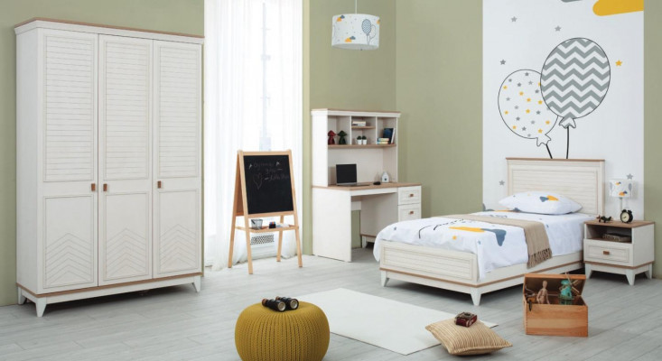 Kannerbetts Set Schlofzëmmer Jugendbett Wäiss Holz Garnitur 4-Stéck Bett