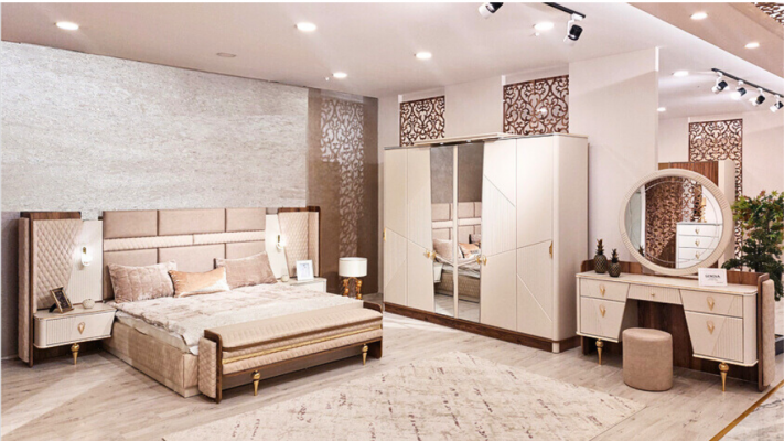 Set Schlofzëmmer Bett Luxus Kleederschaf 2xNuetsdëscher Design Kommodë.