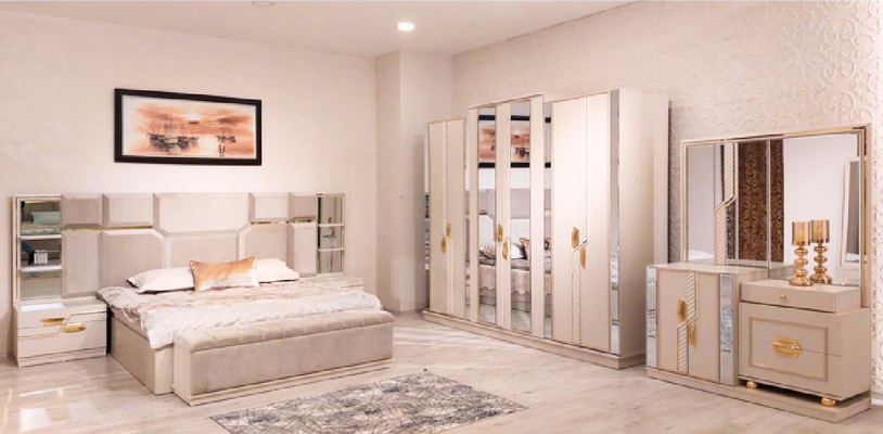 Schlofzëmmer Set Modern Duebelbett 2x Nuetstësch Luxus Kleederschaf Nei