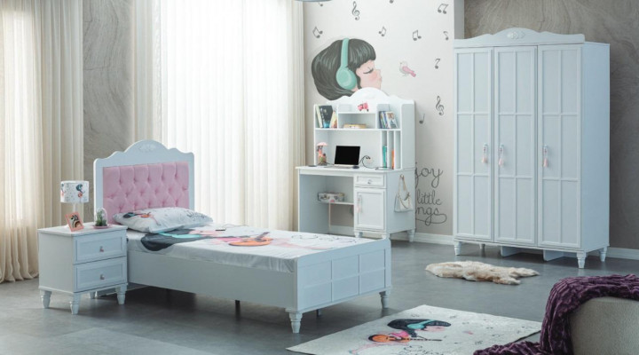 Weiß Grupp Kannerbett Kannermebel Kannerzëmmer Bett Holz Set 4tlg