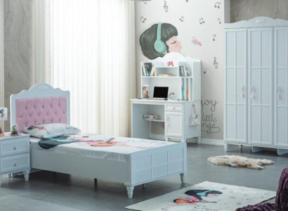 Weiß Grupp Kannerbett Kannermebel Kannerzëmmer Bett Holz Set 4tlg