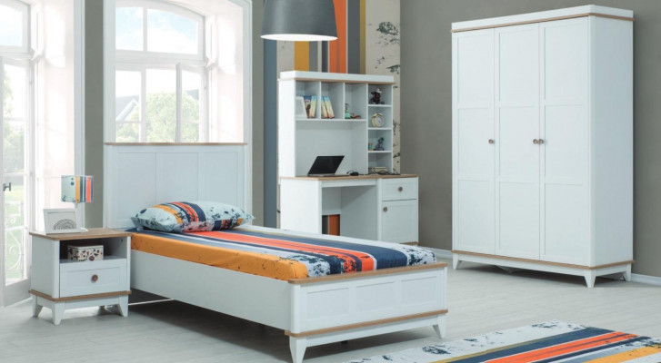 Komplett Jugendbett Kannersmëttel Kannerbett Wäiss Holz Set 4 Stéck Modern