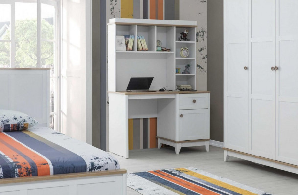 Komplett Jugendbett Kannersmëttel Kannerbett Wäiss Holz Set 4 Stéck Modern