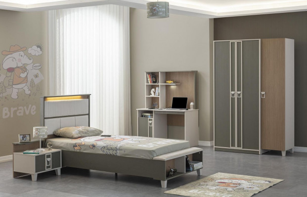 Garnitur Kannerzëmmer Bett Kannerbett Kannermeubel Grau Holz Set 4-Deel.