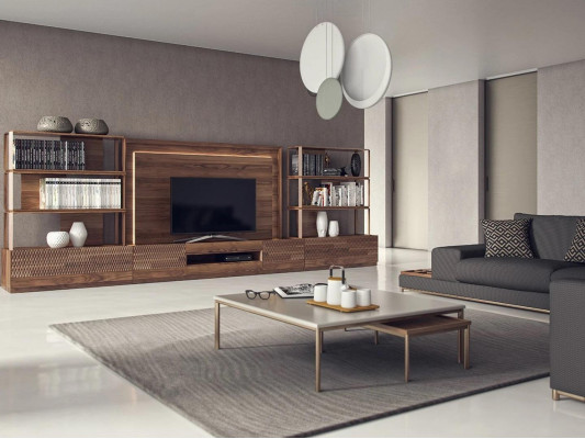 Wunnzëmmert-Miwwel Set 4 Stéck TV-Ständer 2x Bicherregaler Holzmöbel TV-Rahmen Komplett