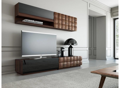 Wunnzëmmer Komplett 4-Teileg TV-Stänner Wunnwand Holzmiwwel Wandregal Wandschaf