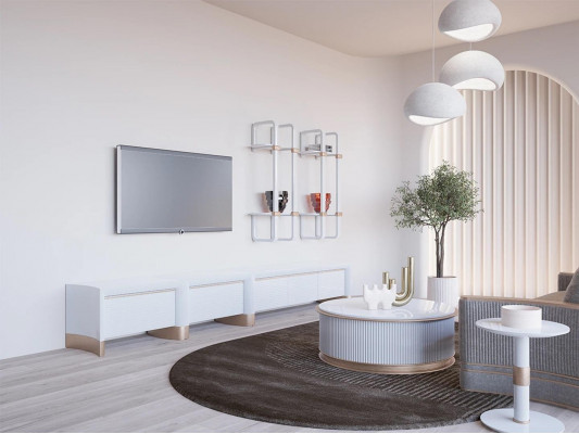 Wunnzëmmer Holzmöbel TV-Stänner Design 2x Wandregaler Modern Ariichtung