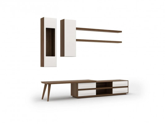 Wunnwand Set 5tlg Holzmiwwel TV-Stänner + Couchdësch Modern 2x Wandregaler