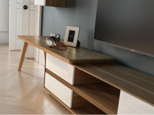 Wunnwand Set 5tlg Holzmiwwel TV-Stänner + Couchdësch Modern 2x Wandregaler