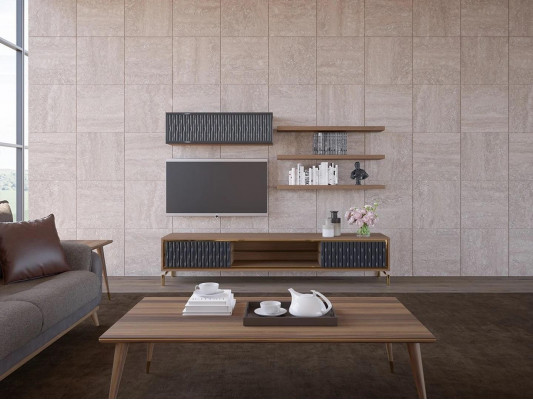 Komplett Wunnwand Wandschaf Holzmöbel Modern Set 5-Deel 3x Wandregaler Nei