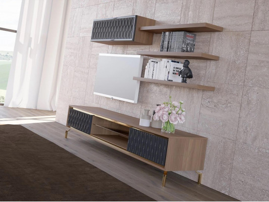 Komplett Wunnwand Wandschaf Holzmöbel Modern Set 5-Deel 3x Wandregaler Nei