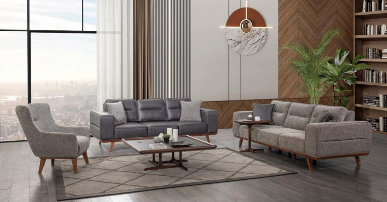 Grau Komplett Wunnzëmmer Sofagarnitur 2x Dräisëtzer Fotell 3tlg Set