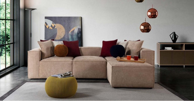 Beige Wunnzëmmer Luxus Ecksof L-Form Sofa Polster Modern Couchen Nei