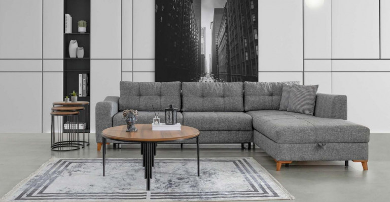 Gréisst L-Form Eckdivan Designer Wunnzëmmer Sofa Luxus Canapéë Holzmöbel