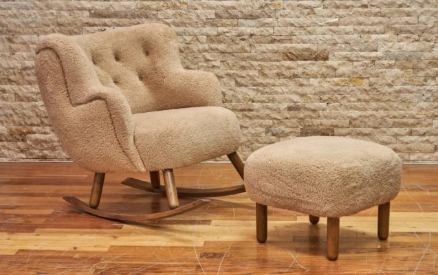 Crème-faarweg Schaukelstull Luxus Fotell Wunnzëmmer Garnitur Polster Fotell 2-Deeler Set