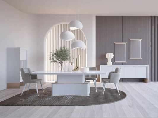Design Iesszëmmer Komplett 7tlg Iessdësch Modern Säitenschaf Holzschaf Nei Vitrin