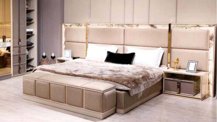 Modern Equipement Garnitur Schlofzëmmer Bett 2xNuechtstisch Design Miwwelen Nei