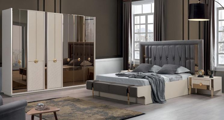 Design komplett Miwwelen Modern Schlofzëmmer Bett 2x Nuetsdëscher Gaderob.