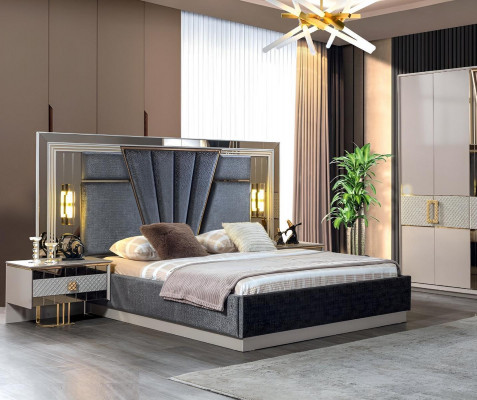 Schlofzëmmer Set Bett mat 2x Nuetsdëscher Komplett Luxus Ariichtung Modern