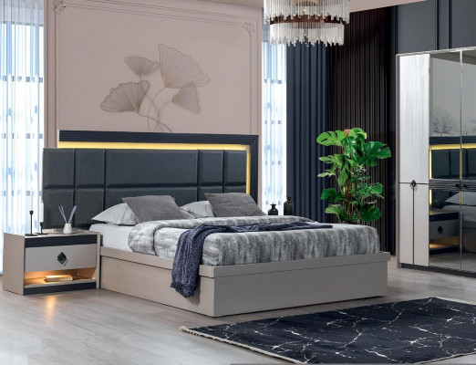 Schlofzëmmer Set 3 Stéck Bett 2x Nuetsdëscher Luxus Komplett Miwwelen Modernen Design