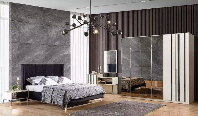 Bett 2x Nuetsdëscher 6tlg. Schlofzëmmer Kleederschaf Design Modern Luxus