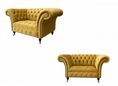Sëtzel Chesterfield Miwwelen Set 2x Eenzelsëtzer Set Couch Sofa Giel Textil