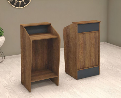 Rezeptioun Empfangsschalter Empfangstheke Büro Hotel Holz Braun Dësch