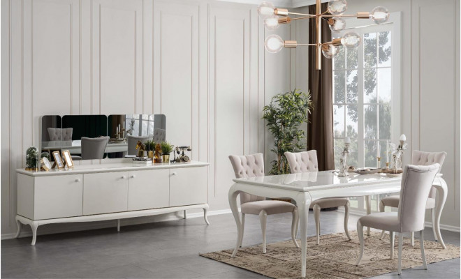 Iessgrupp Eck, Iesszëmmer, Iessdësch, Holz, Wäiss, Set 7 Deeler, Sideboard