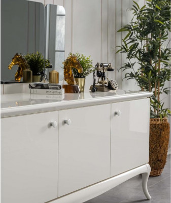 Iessgrupp Eck, Iesszëmmer, Iessdësch, Holz, Wäiss, Set 7 Deeler, Sideboard