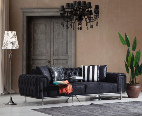 Wunnzëmmer Set 2x Dräisëtzer Sofa Chesterfield Canapé Design Fauteuil Luxus Miwwelen