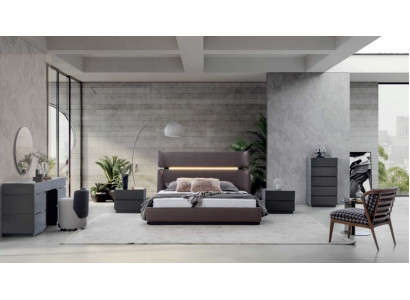 Moderne Schlofzëmmer Set 6-Deeler Bett 2x Nuetsdëscher Kommode mat Spigel