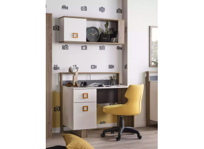Schreifdësch Kannerzëmmer Set 3tlg Regal Computer Holz Sessel Giel Nei