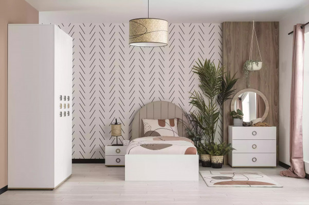 Kannerzëmmer Garnitur Komplett Bett Kannermeubel Holz Wäiss Set 5 Deeler