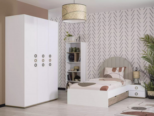 Jugendbett Set Kannerzëmmer Nospichteg Bett Holz Wäiss Set 4-deelech
