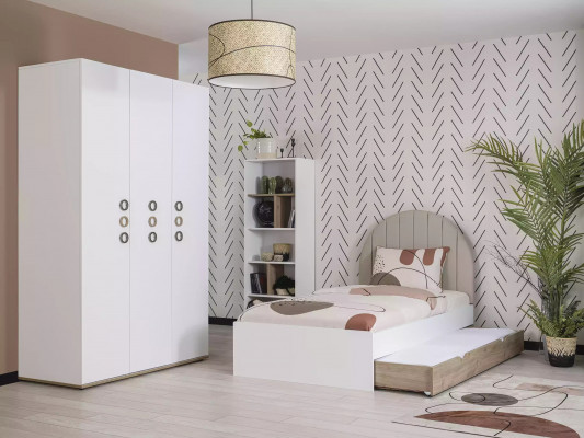 Jugendbett Set Kannerzëmmer Nospichteg Bett Holz Wäiss Set 4-deelech