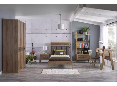 Holzbett Komplett Schlofzëmmermiwwelen Jugendbett Bett Braun Set 5 Stéck