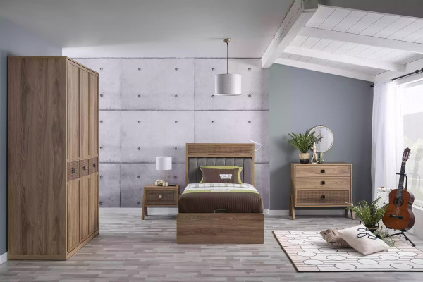 Holzbett mat Bettkëscht Komplette Jugendbett Bett Holz Braun Set 4tlg.