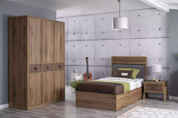 Bett Holzbett mat Bettkëscht Garnitur Jugendbett Holz Braun Set 3tlg