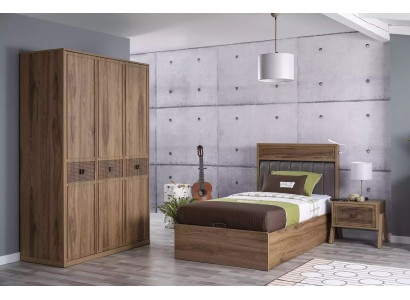 Bett Holzbett mat Bettkëscht Garnitur Jugendbett Holz Braun Set 3tlg