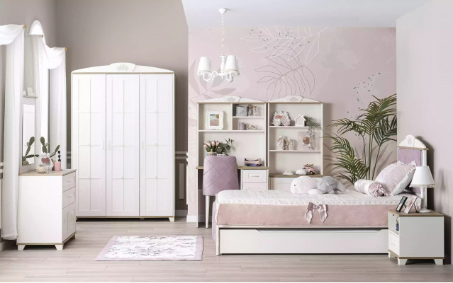 Kannerzëmmer Komplete Chesterfield Kannersmiewel Bett Holz Rosa Set 8tlg